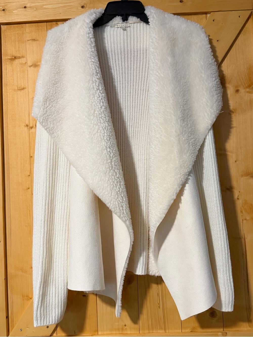 Kate & Sam Cream Faux Fur & Suede Trimmed Open Front Knit Cardigan - Large EUC